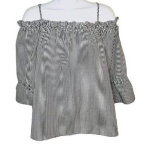 Lily White Off Shoulder Ruffle Top Grey Stripe M